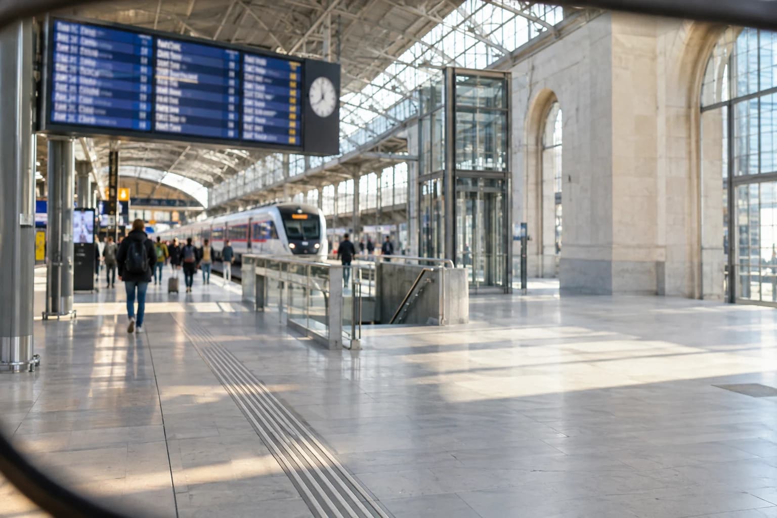 Blick durch eine Brille in eine helle Bahnhofshalle mit Abfahrtstafel und Zug.