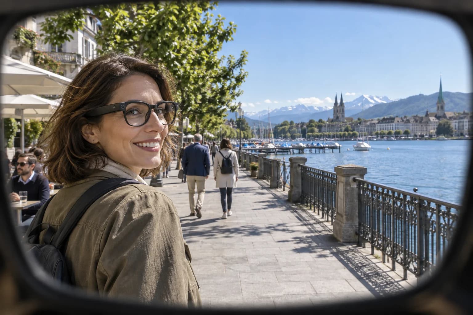 Blick durch eine Brille auf einen Weg am See; die Begleiterin trägt ebenfalls eine Brille.